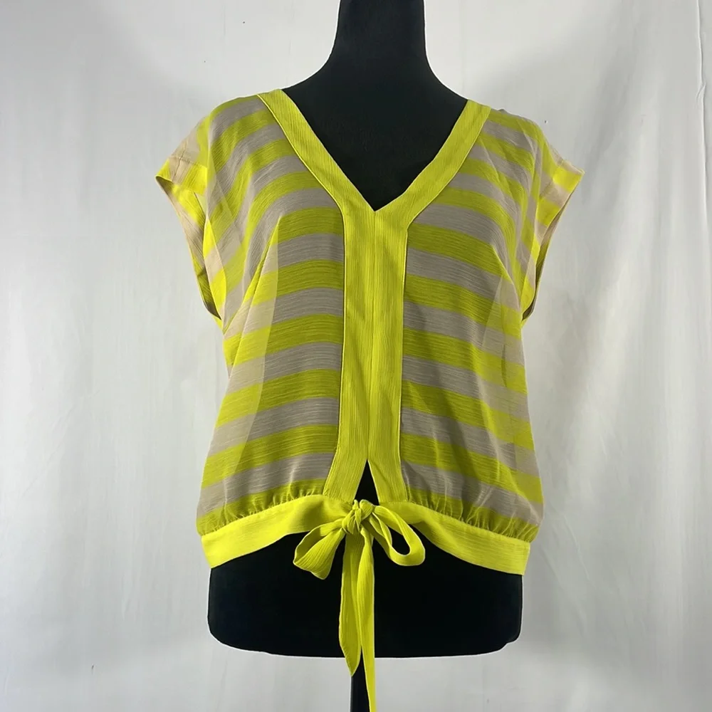 Bebe Neon Yellow & cream, V neck, tie waist band, Sheer, small - Picture 9 of 9